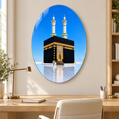 Mavi Gökyüzü ve İki Minareli Kâbe Dikey Oval Cam Tablo - Çalışma odası