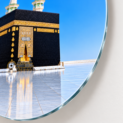 Mavi Gökyüzü ve İki Minareli Kâbe Dikey Oval Cam Tablo - 4 mm ince cam kenarı