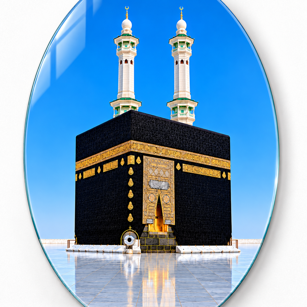 Mavi Gökyüzü ve İki Minareli Kâbe Dikey Oval Cam Tablo - UV baskı detayı