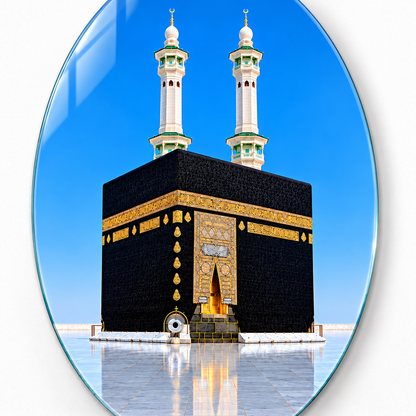 Mavi Gökyüzü ve İki Minareli Kâbe Dikey Oval Cam Tablo - UV baskı detayı