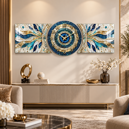 Mavi gold nazar gözü mozaik saatli cam tablo premium salon görünümü
