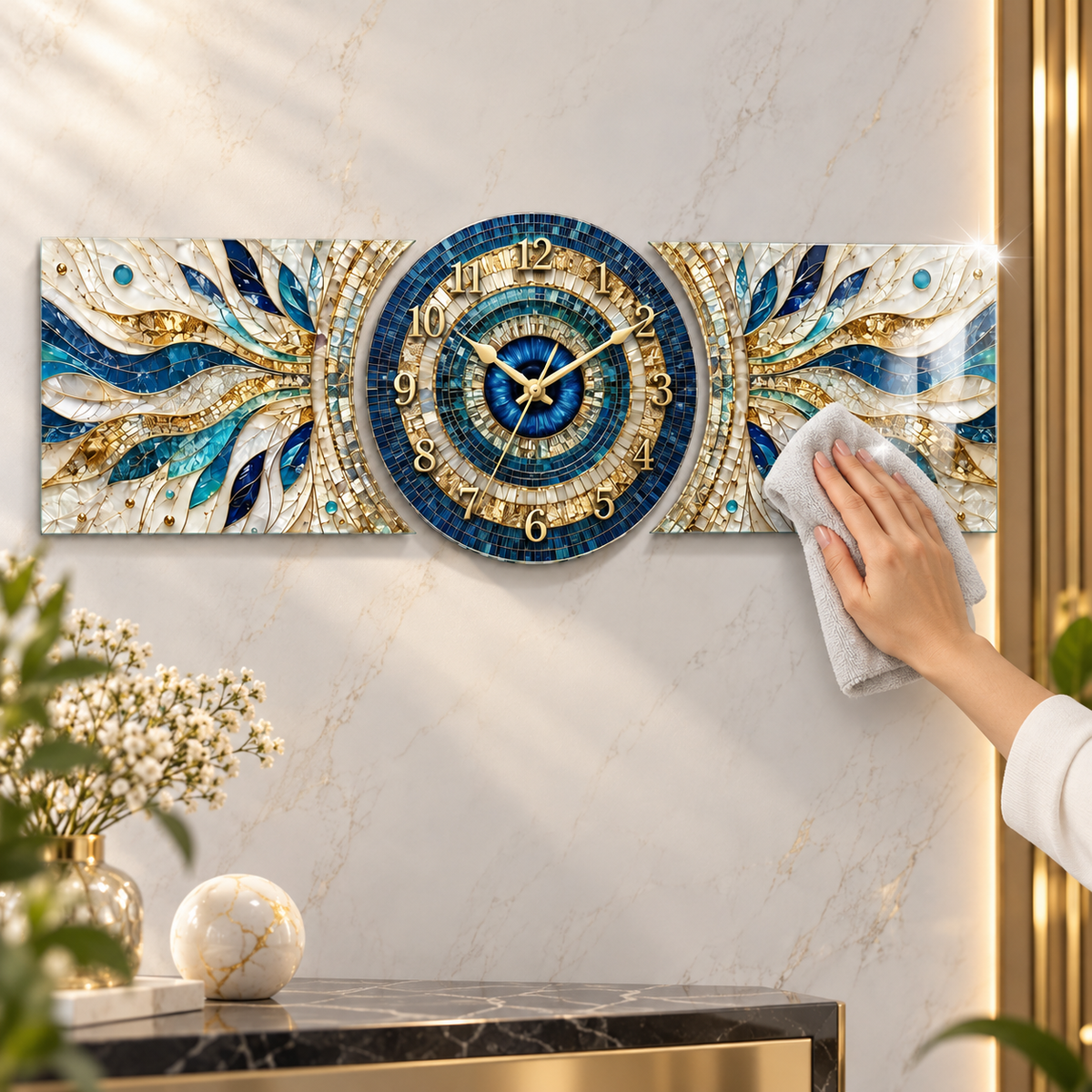 Mavi gold nazar gözü mozaik saatli cam tablo yumuşak bezle temizlik detayı