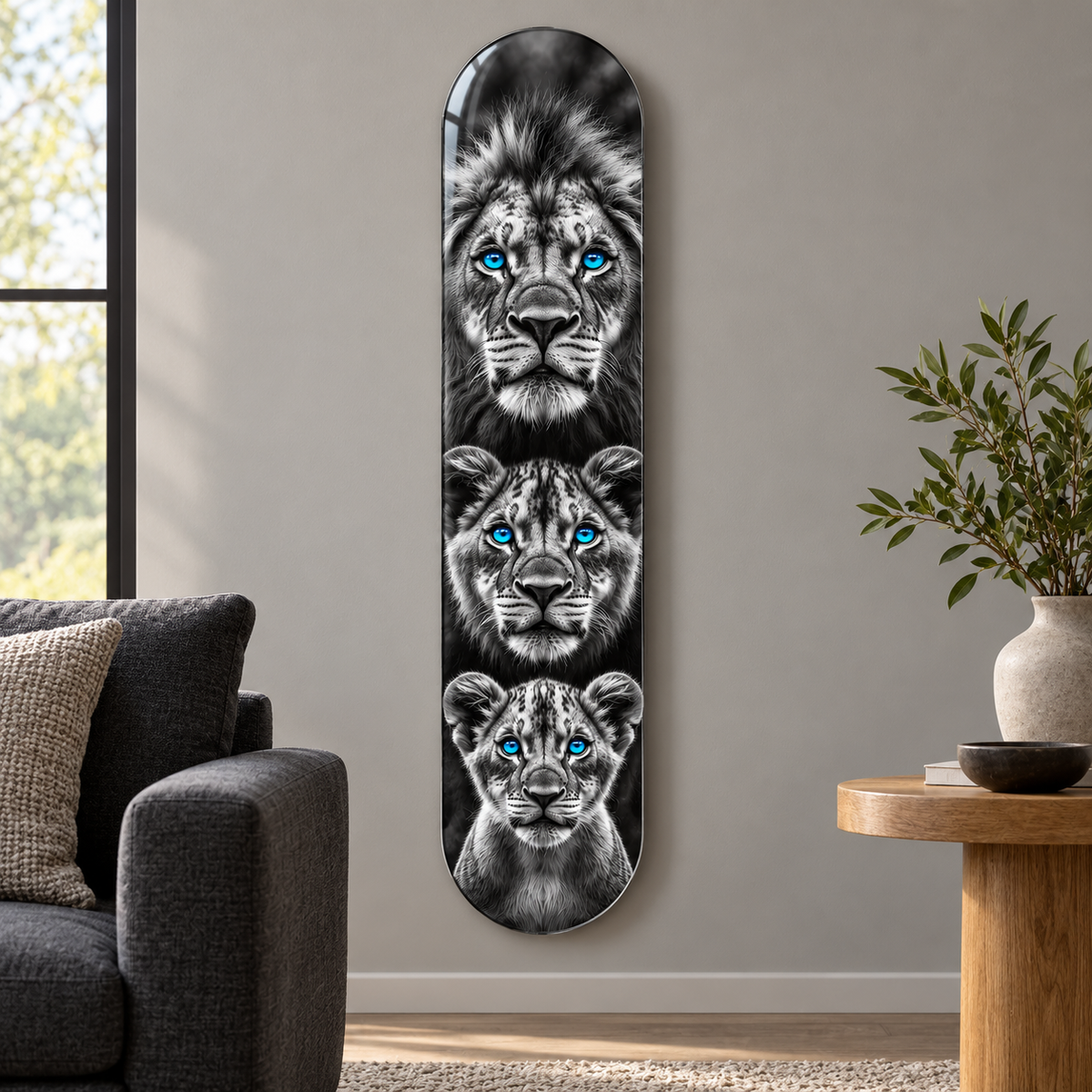 Mavi Gözlü Üç Aslan Dikey Skate Board Cam Tablo — Salon