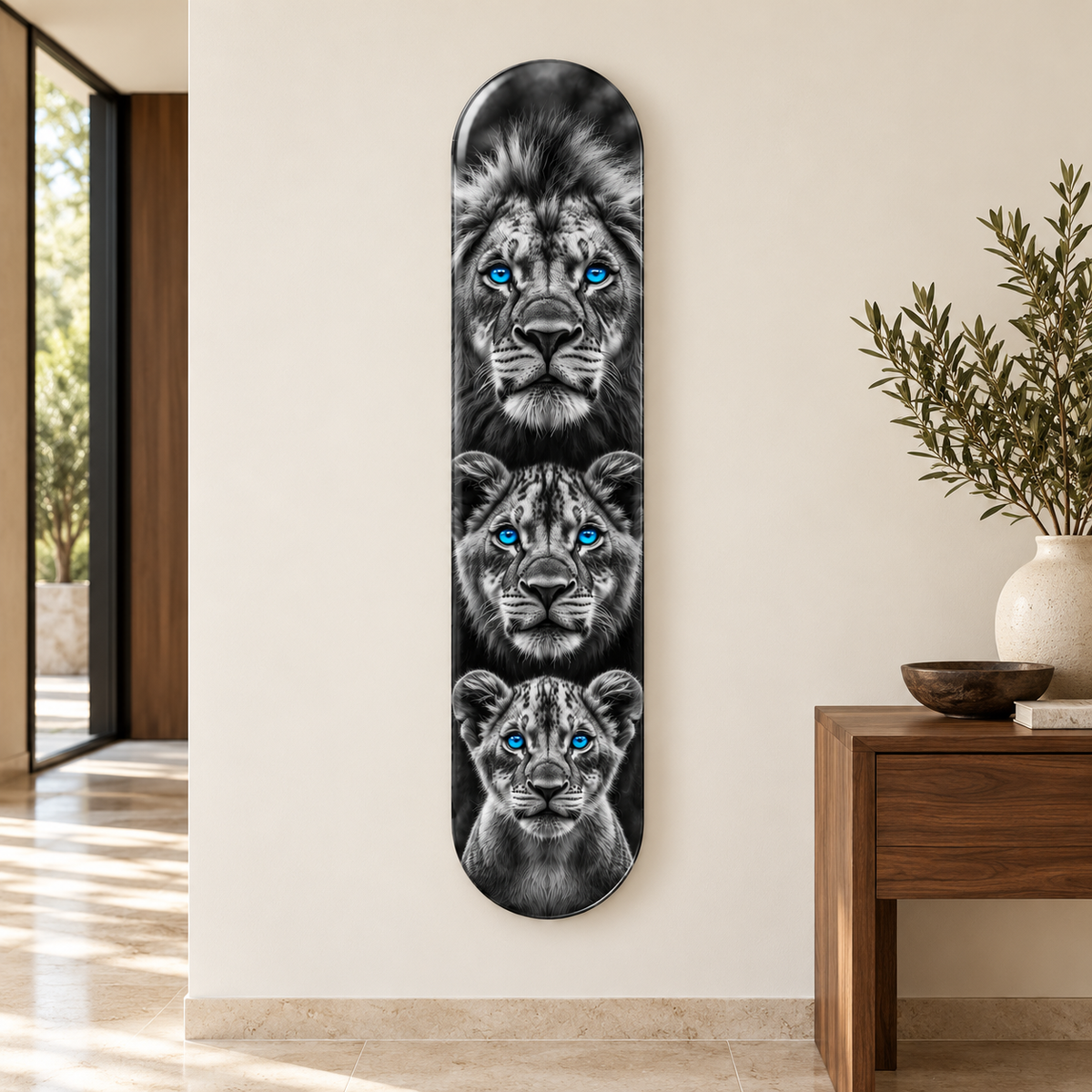 Mavi Gözlü Üç Aslan Dikey Skate Board Cam Tablo — Antre