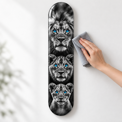 Mavi Gözlü Üç Aslan Dikey Skate Board Cam Tablo — Mikrofiber bezle bakım