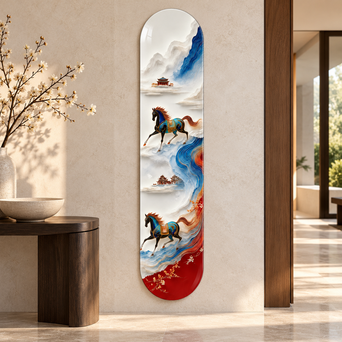 Mavi ve Kırmızı Manzarada Altın Detaylı Atlar Dikey Skate Board Cam Tablo — antre
