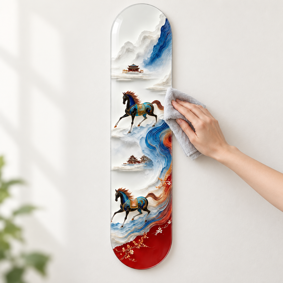 Mavi ve Kırmızı Manzarada Altın Detaylı Atlar Dikey Skate Board Cam Tablo — mikrofiber temizlik