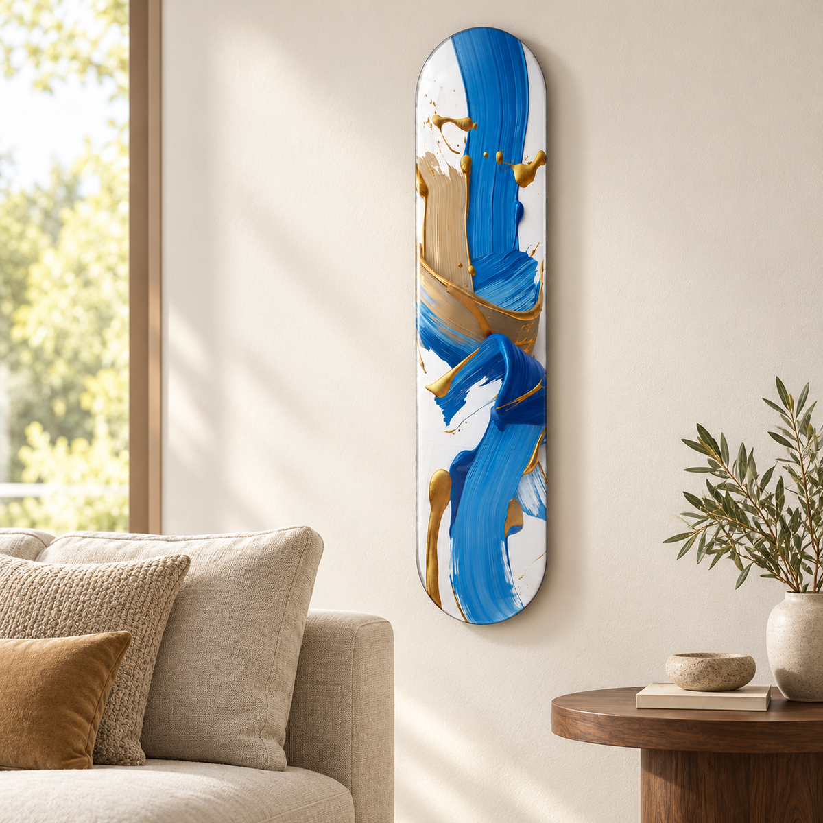 Mavi Krem Altın Akış Dikey Skate Board Cam Tablo – Salonda görünüm