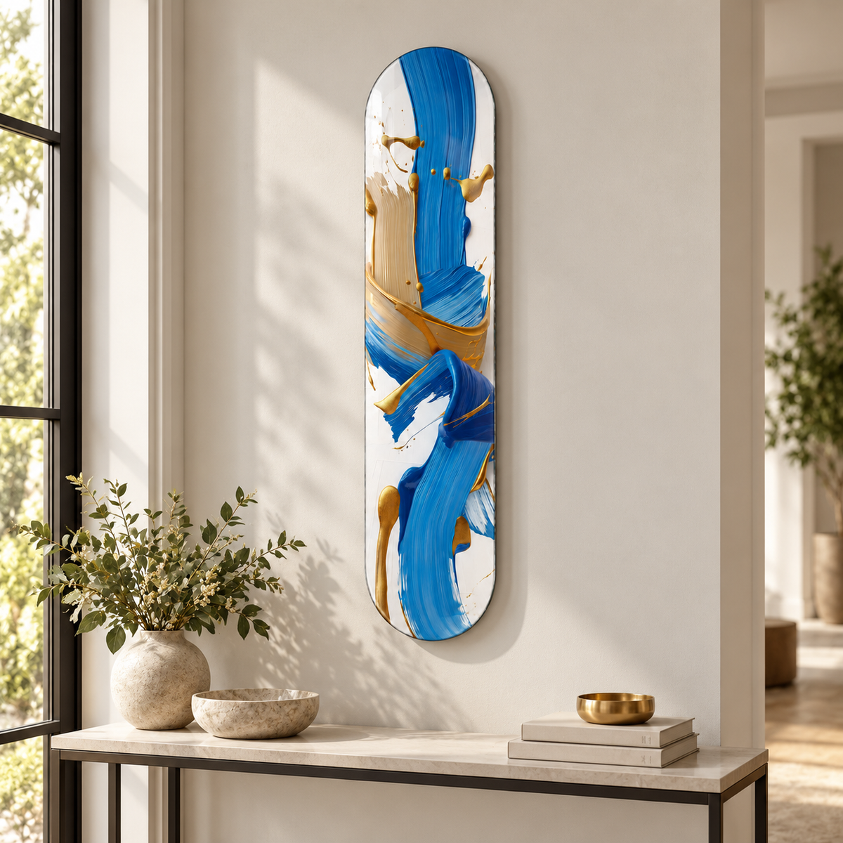 Mavi Krem Altın Akış Dikey Skate Board Cam Tablo – Antrede görünüm