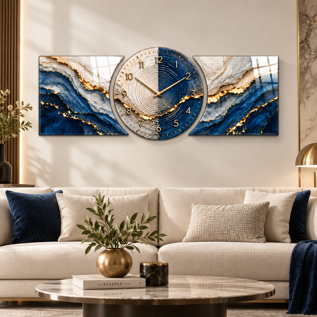 Mavi krem gold üç parçalı CAMDEKO cam saat seti modern premium salon duvarında