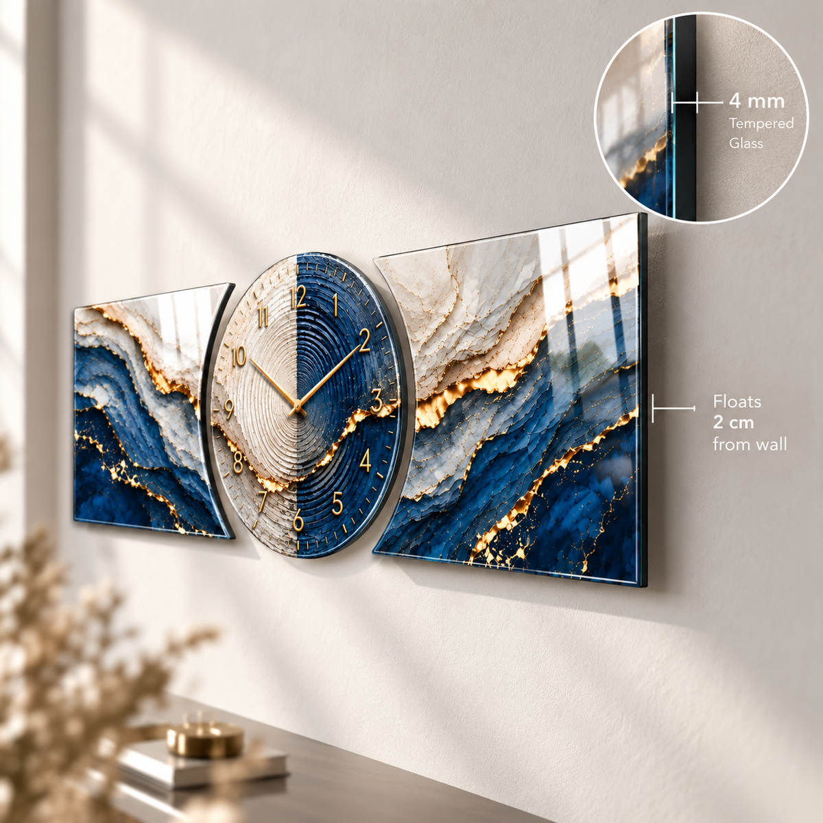 Mavi krem gold üç parçalı cam saat setinin 4 mm ince cam kenar ve yandan perspektif görünümü