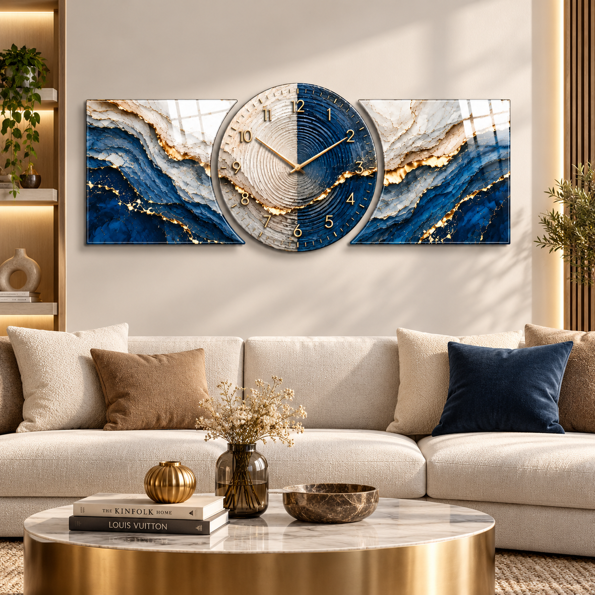 Mavi krem gold agat desenli üç parçalı CAMDEKO cam saat seti aydınlık modern salon duvarında