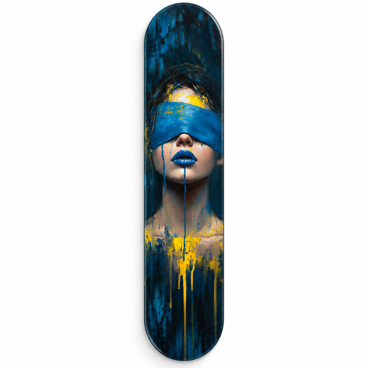 Mavi ve Sarı Soyut Kadın Portresi Dikey Skate Board Cam Tablo – Beyaz fonda ön görünüm