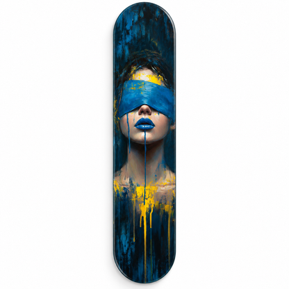 Mavi ve Sarı Soyut Kadın Portresi Dikey Skate Board Cam Tablo – Beyaz fonda ön görünüm