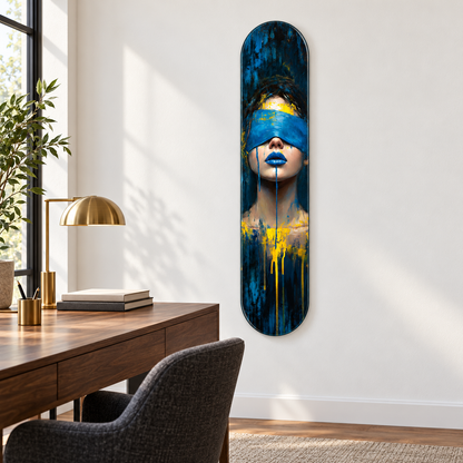Mavi ve Sarı Soyut Kadın Portresi Dikey Skate Board Cam Tablo – Çalışma odasında görünüm