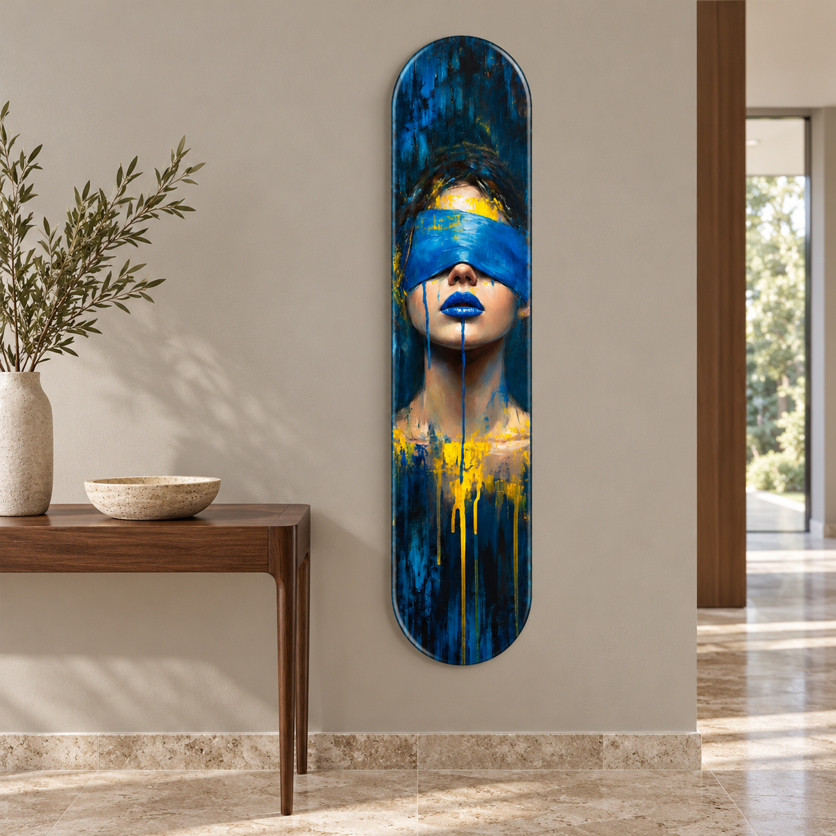 Mavi ve Sarı Soyut Kadın Portresi Dikey Skate Board Cam Tablo – Antrede görünüm