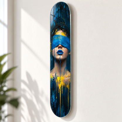 Mavi ve Sarı Soyut Kadın Portresi Dikey Skate Board Cam Tablo – Duvar mesafesi