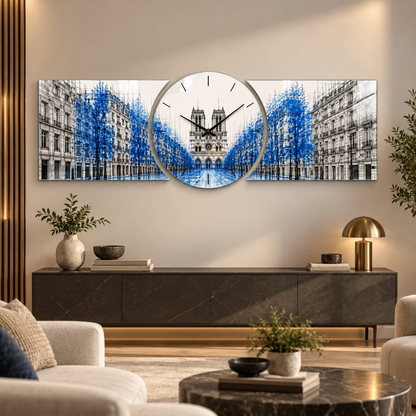 Notre Dame Paris temalı üç parçalı CAMDEKO cam saat seti premium salon duvarında