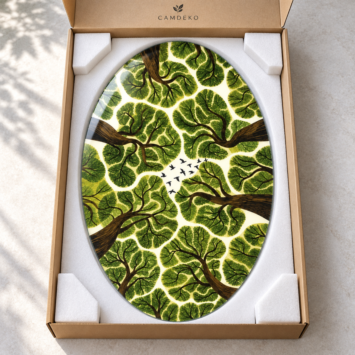 Orman ve Kuşlar Dikey Oval Cam Tablo - Koruyucu paketleme