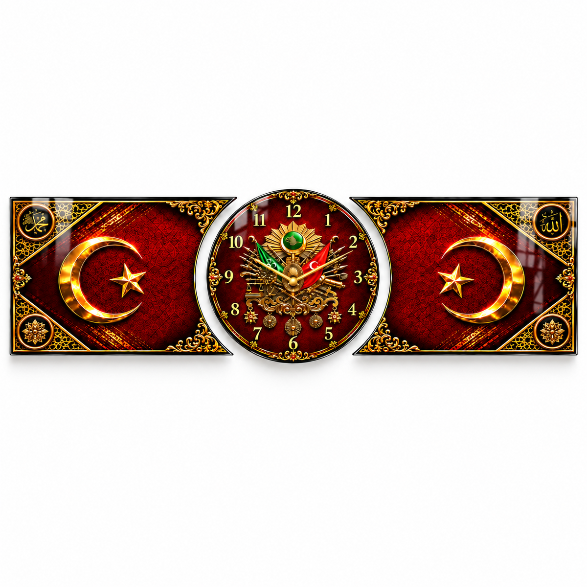 Osmanlı armalı bordo gold hilal yıldız saatli şekilli kesim cam saat vitrin görünümü