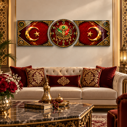 Osmanlı armalı bordo gold saatli cam saat salon görünümü