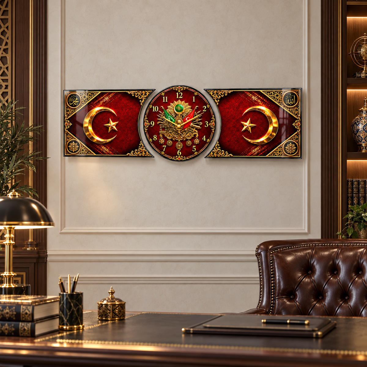 Osmanlı armalı bordo gold saatli cam saat çalışma odası görünümü