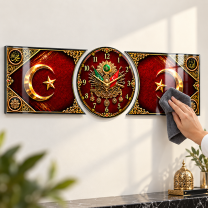 Osmanlı armalı bordo gold saatli cam saat kolay temizlik detayı