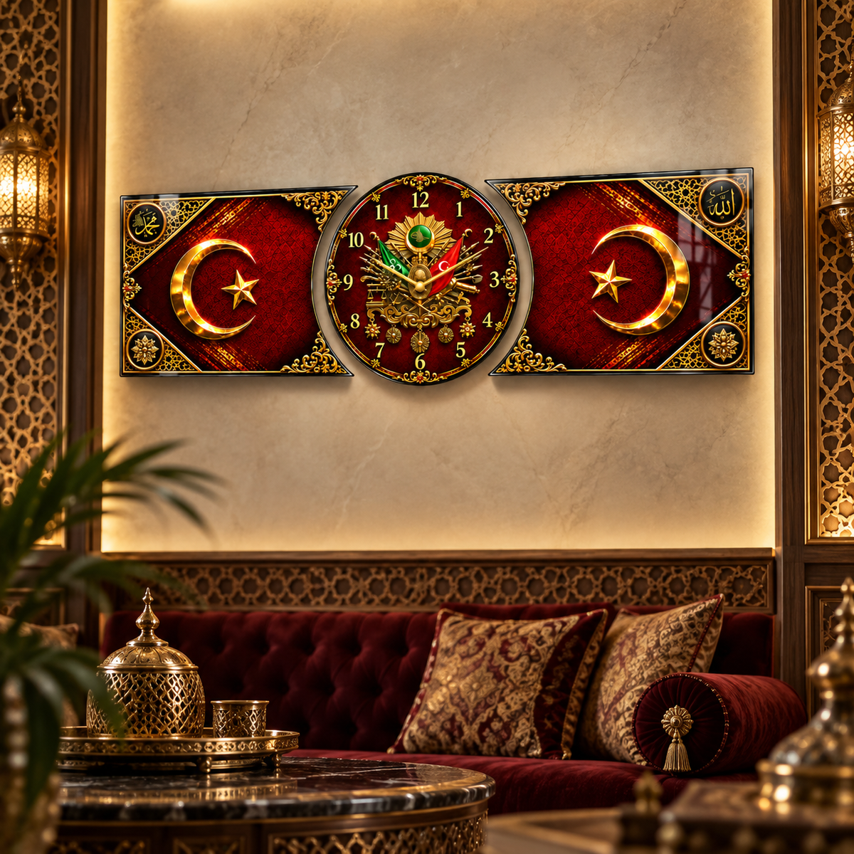 Osmanlı armalı bordo gold saatli cam saat alternatif yaşam alanı görünümü