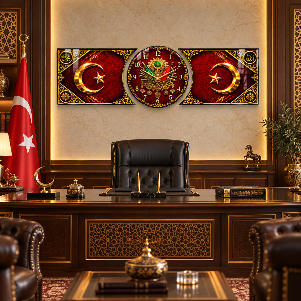 Osmanlı armalı bordo gold hilal yıldız saatli şekilli kesim cam saat makam odası görünümü