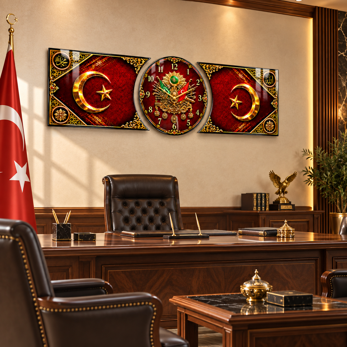 Osmanlı armalı bordo gold hilal yıldız saatli şekilli kesim cam saat lüks makam odası görünümü
