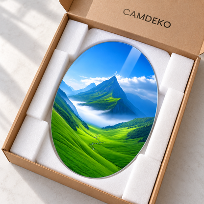 Dağ ve Yeşil Vadi Dikey Oval Cam Tablo - Koruyucu CAMDEKO paketleme