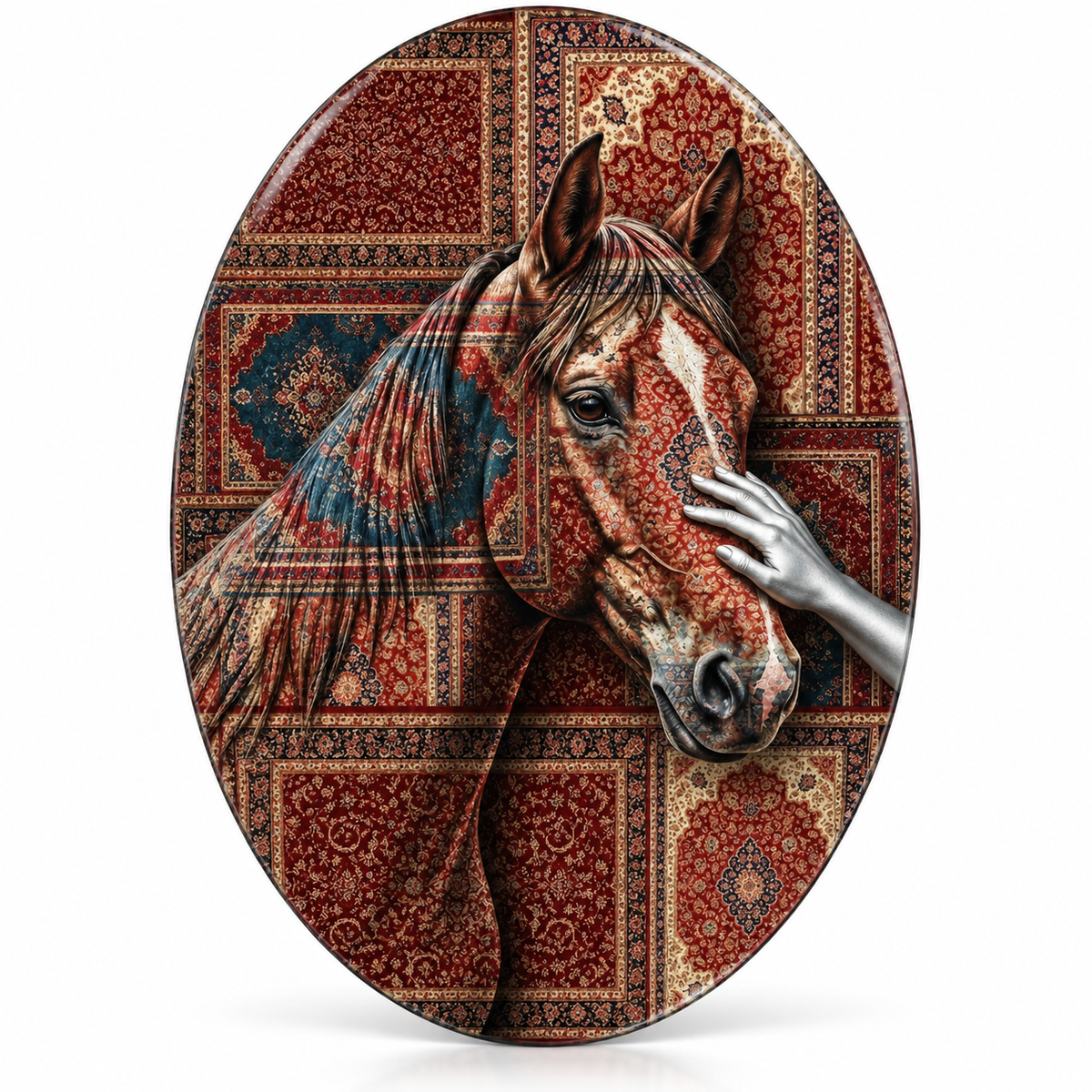 Kilim Desenli At ve Gümüş El Dikey Oval Cam Tablo - Beyaz zemin vitrin