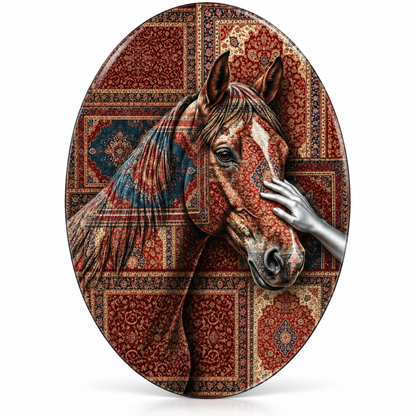 Kilim Desenli At ve Gümüş El Dikey Oval Cam Tablo - Beyaz zemin vitrin