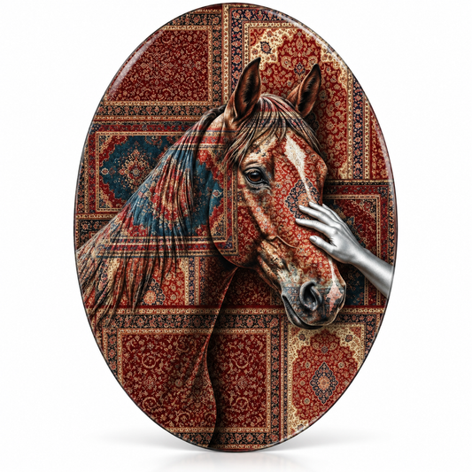 Kilim Desenli At ve Gümüş El Dikey Oval Cam Tablo - Beyaz zemin vitrin