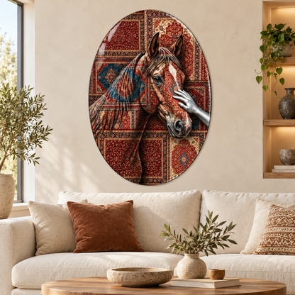 Kilim Desenli At ve Gümüş El Dikey Oval Cam Tablo - Premium salon