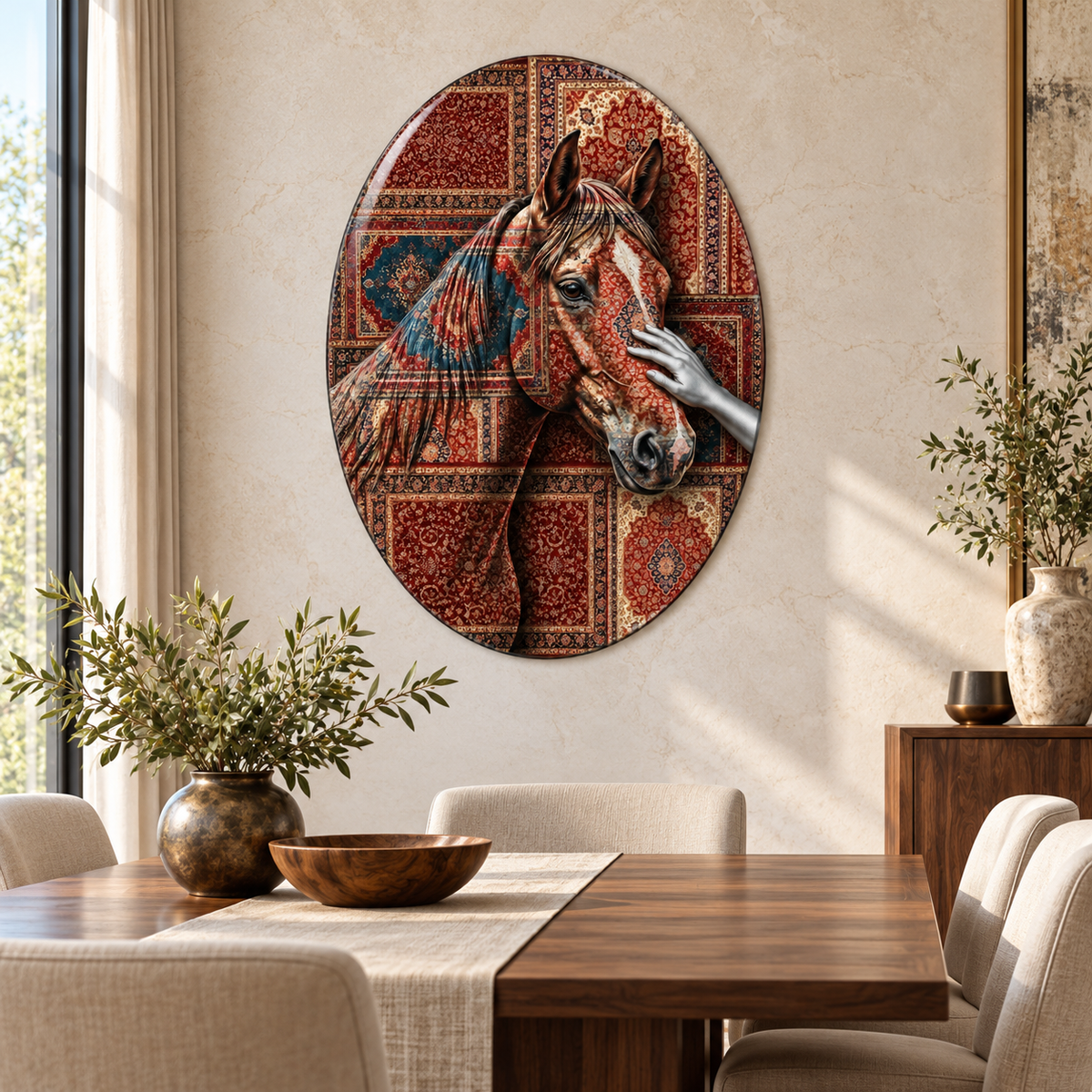 Kilim Desenli At ve Gümüş El Dikey Oval Cam Tablo - Yemek odası