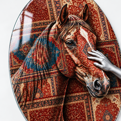 Kilim Desenli At ve Gümüş El Dikey Oval Cam Tablo - UV baskı detayı