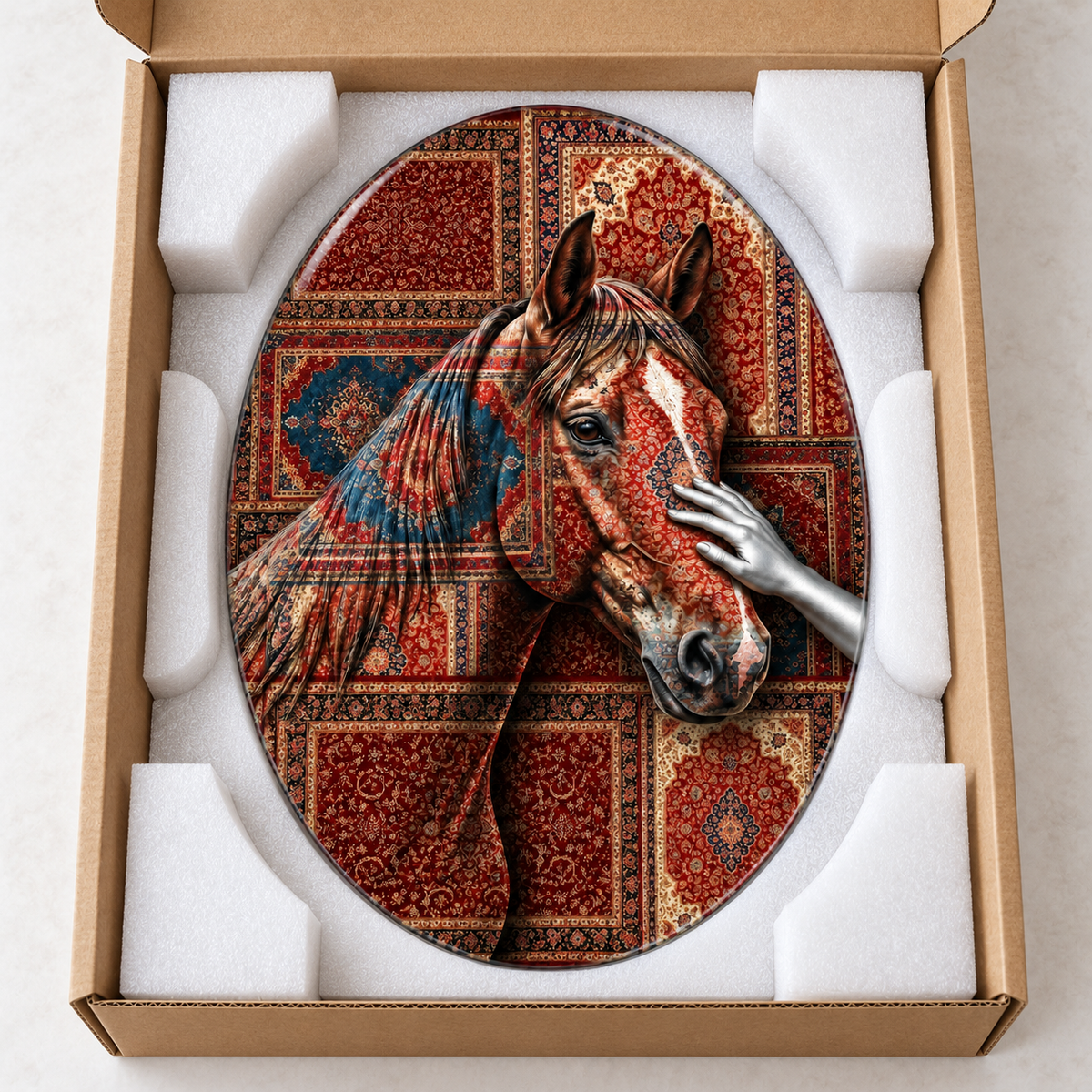 Kilim Desenli At ve Gümüş El Dikey Oval Cam Tablo - Koruyucu paketleme