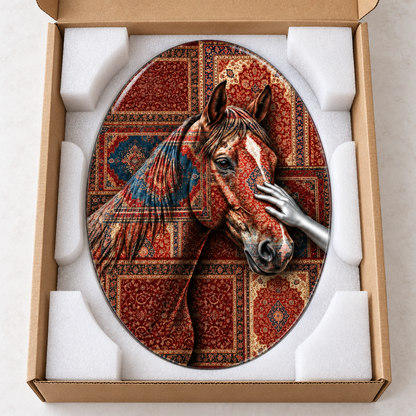 Kilim Desenli At ve Gümüş El Dikey Oval Cam Tablo - Koruyucu paketleme