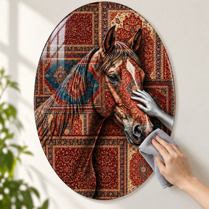 Kilim Desenli At ve Gümüş El Dikey Oval Cam Tablo - Mikrofiber bezle kolay temizlik