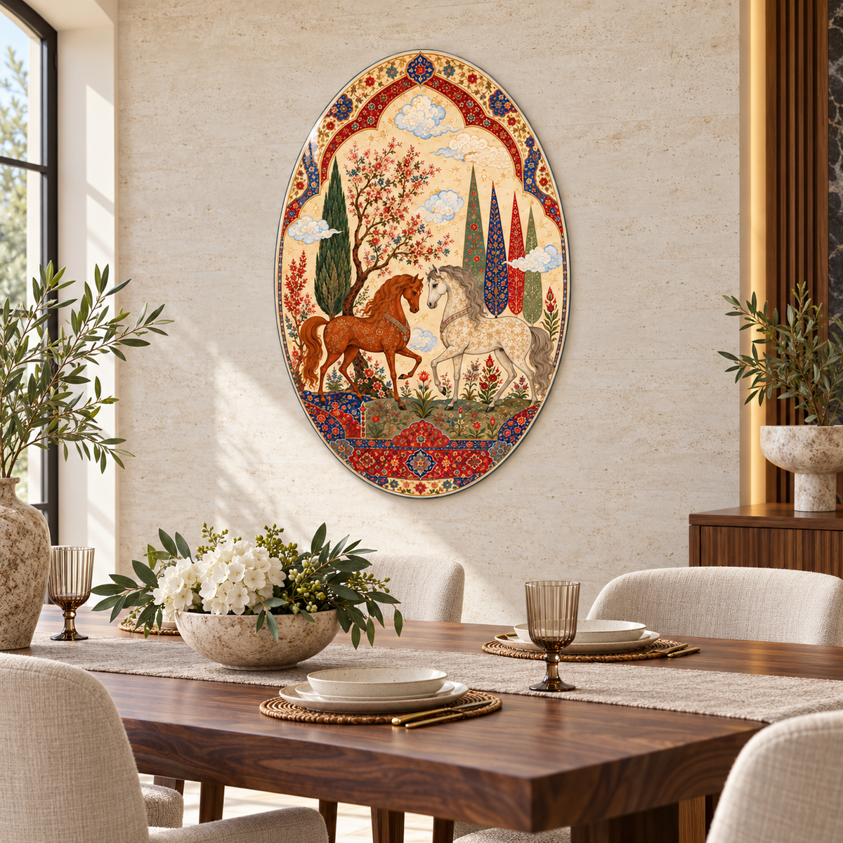 Minyatür Bahçede İki At Dikey Oval Cam Tablo - Yemek odası