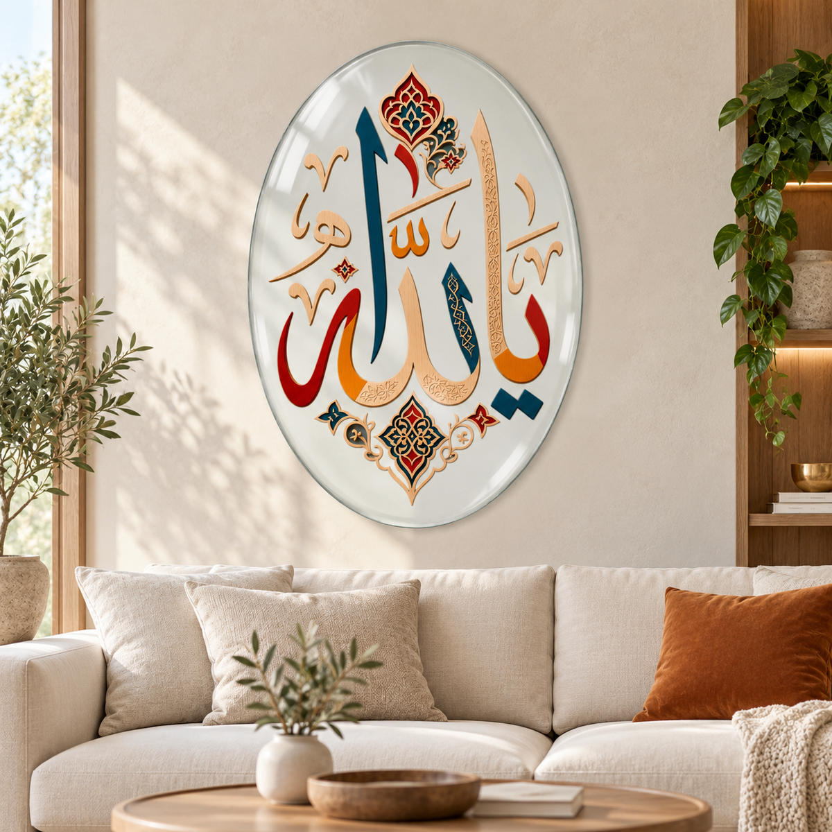 Renkli Ya Allah Hat Sanatı Dikey Oval Cam Tablo - Premium salon