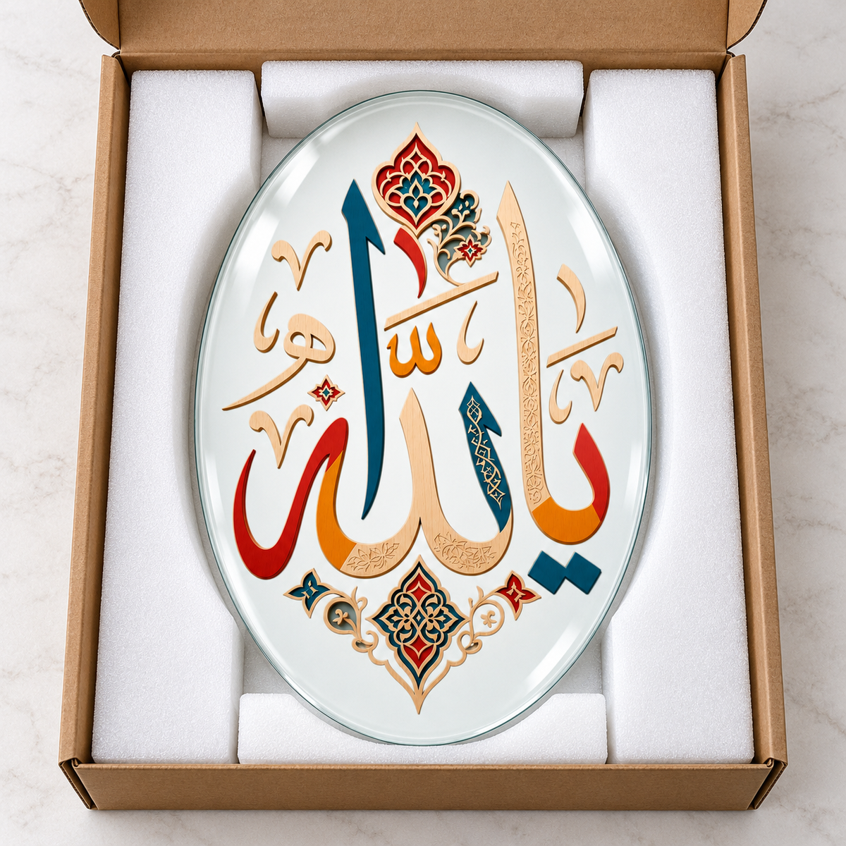 Renkli Ya Allah Hat Sanatı Dikey Oval Cam Tablo - Koruyucu paketleme