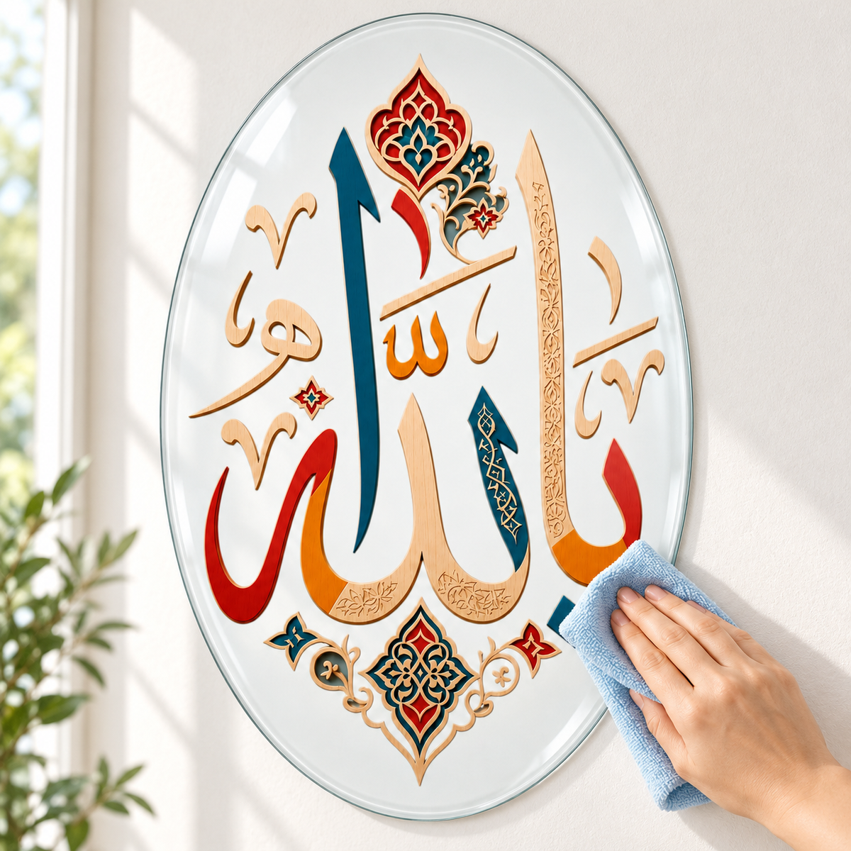 Renkli Ya Allah Hat Sanatı Dikey Oval Cam Tablo - Mikrofiber bezle kolay temizlik