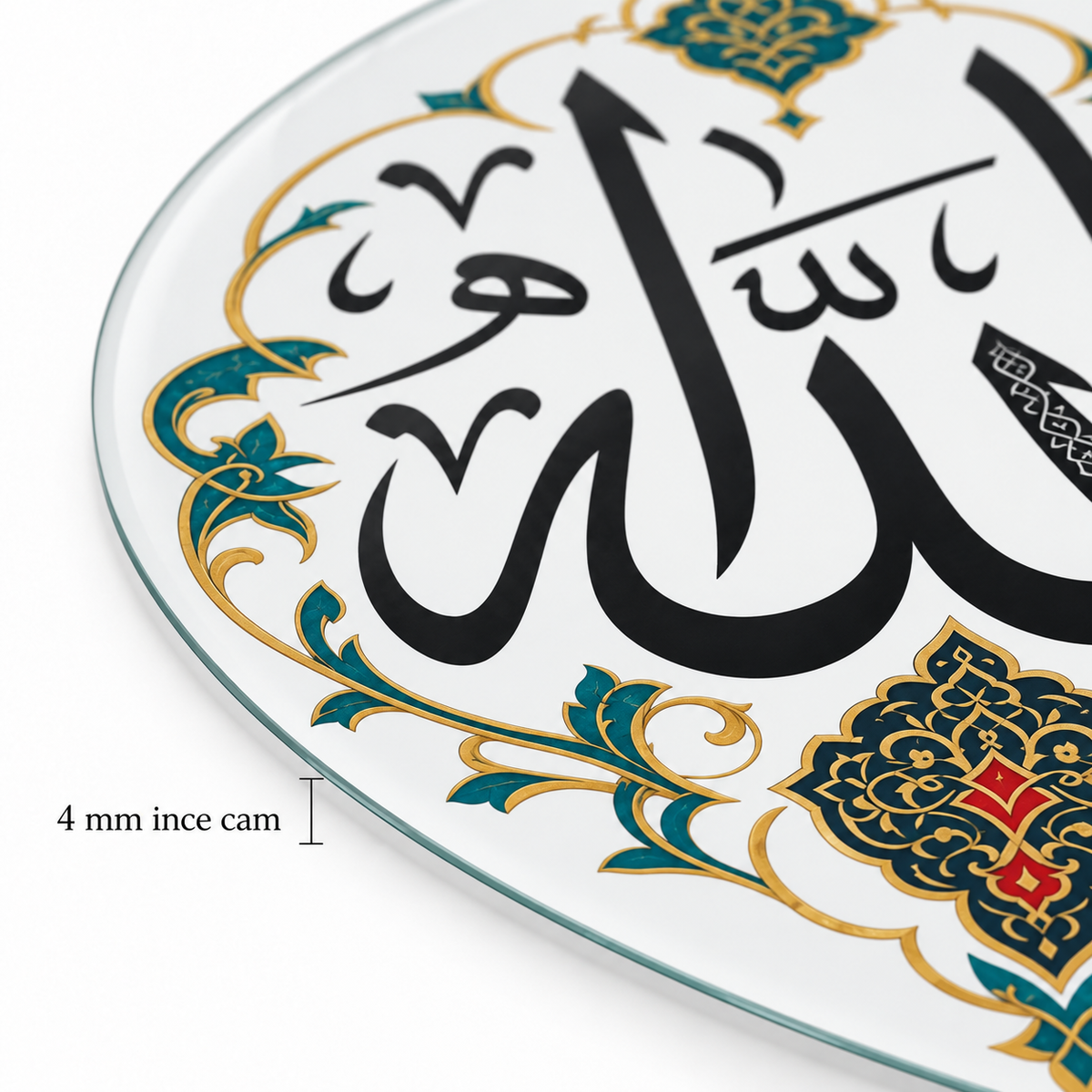 Turkuaz Tezhipli Ya Allah Dikey Oval Cam Tablo - 4 mm ince rodajlı cam kenar