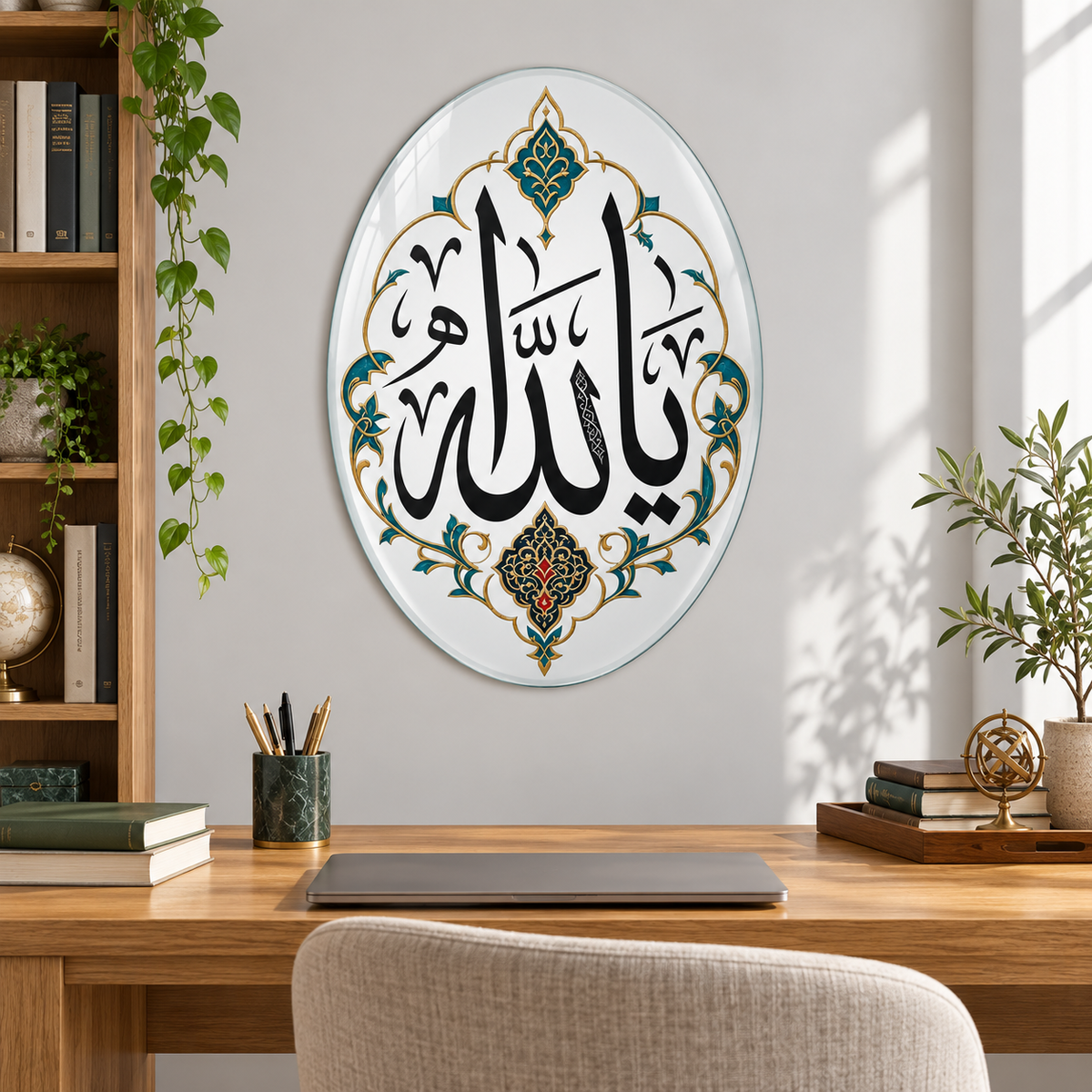 Turkuaz Tezhipli Ya Allah Dikey Oval Cam Tablo - Çalışma odası