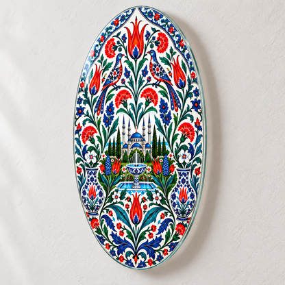 İznik Çinisi Kuşlar ve Cami Dikey Oval Cam Tablo - Duvardan yaklaşık 2 cm mesafe