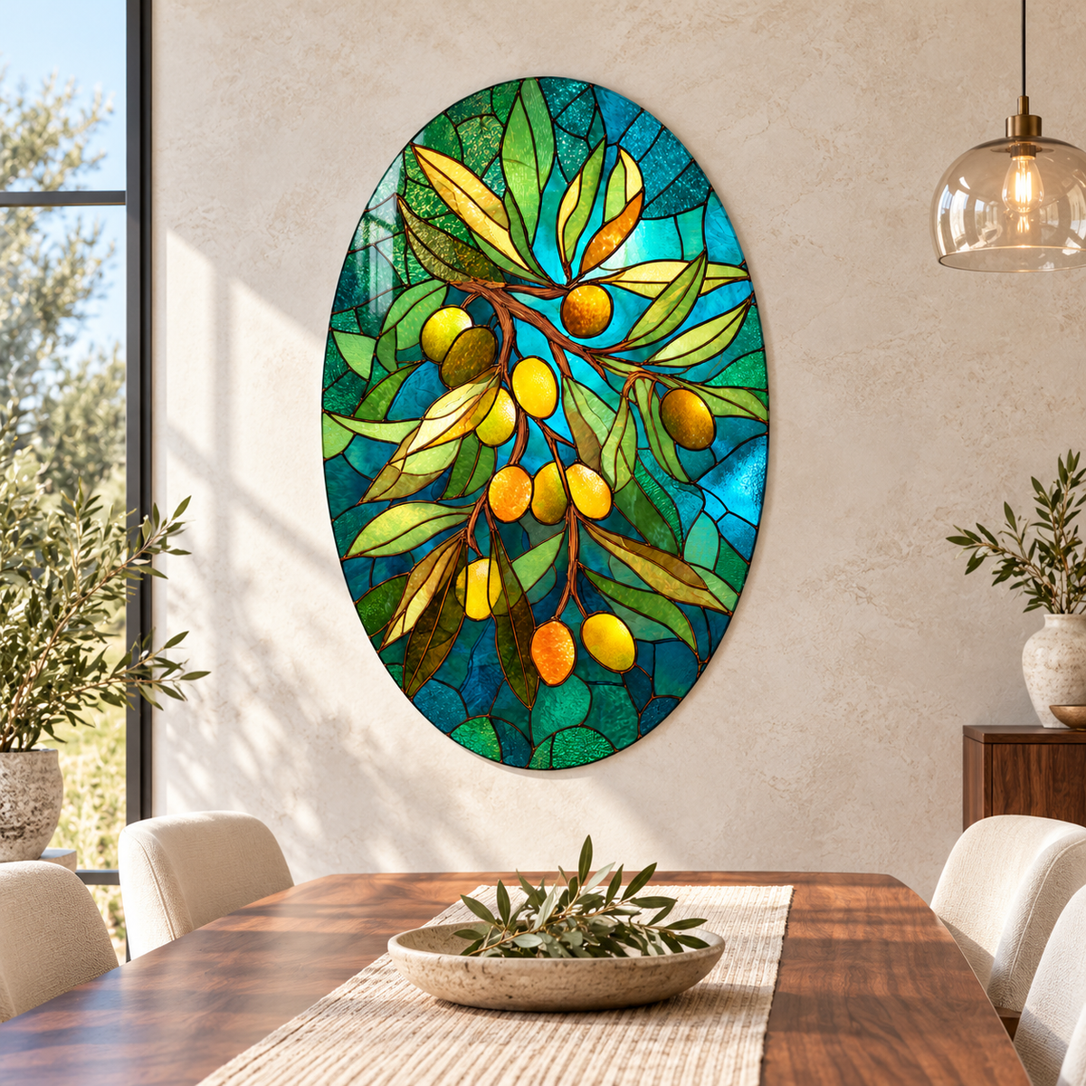 Turkuaz Vitray Zeytin Dalı Dikey Oval Cam Tablo – Görsel 3