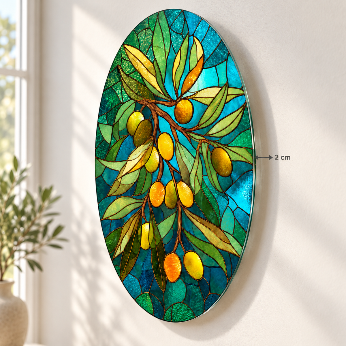 Turkuaz Vitray Zeytin Dalı Dikey Oval Cam Tablo – Görsel 6