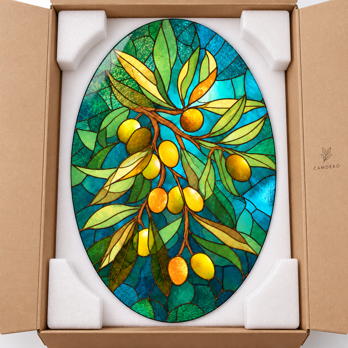 Turkuaz Vitray Zeytin Dalı Dikey Oval Cam Tablo – Görsel 8